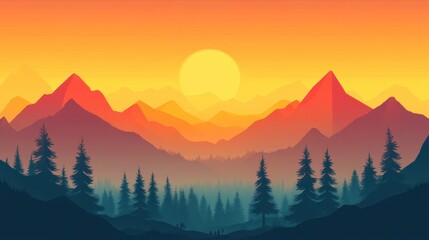 Sunset Mountain Landscape with Silhouetted Trees