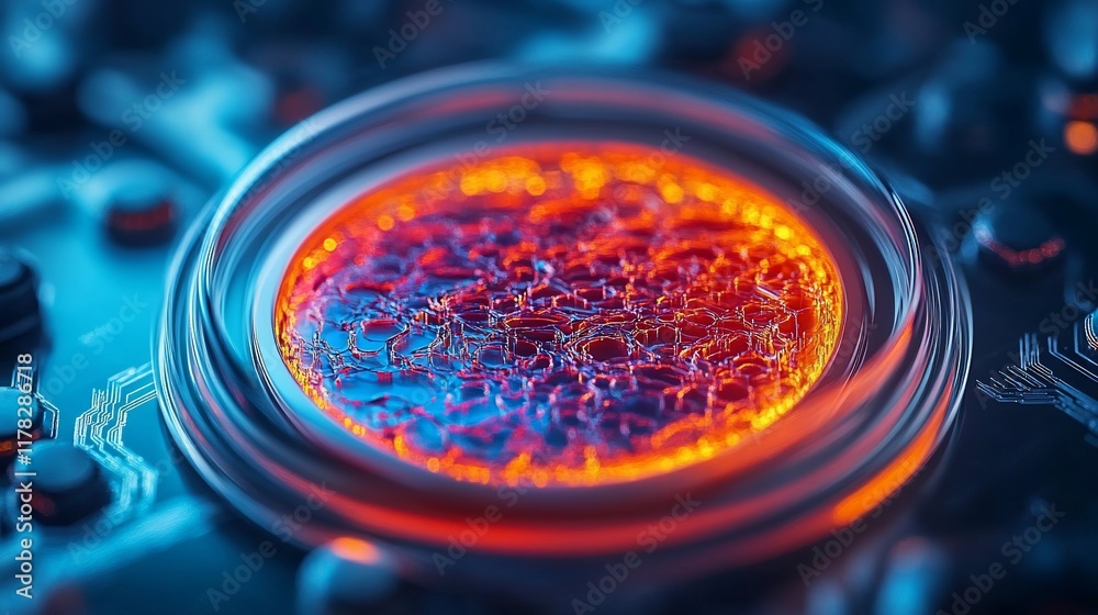 Poster close-up of a glowing, circular, textured surface with bubbles, set within a metallic frame.