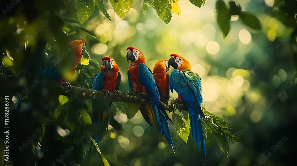 Poster vibrant macaws perched on a tree branch in a lush rainforest, sunlight filtering through leaves.
