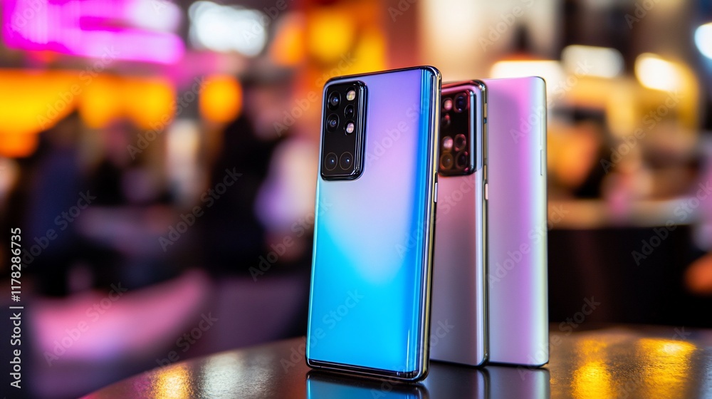 Poster three smartphones displayed on a table, showcasing different colors and designs.