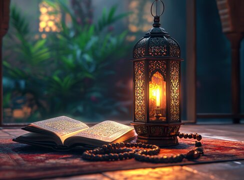 Photo of an Islamic lantern, wooden rosary beads, and the holy book Quran, with a Ramadan surah (chapter) in the background.