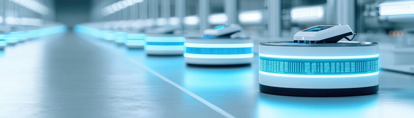 A line of futuristic robotic devices with glowing elements, arranged neatly in a modern, high-tech environment.