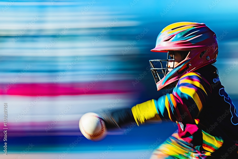 Poster young softball player in colorful uniform catching a ball with motion blur background.