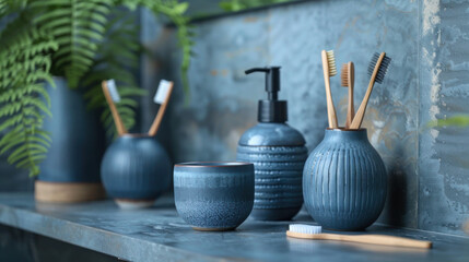 A neatly arranged bathroom countertop with blue ceramic containers holding toothbrushes, a soap dispenser, and a cup, complemented by green fern leaves