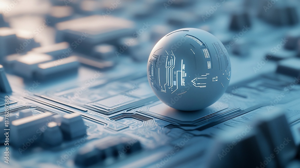 Poster Futuristic sphere rests on a complex circuit board, representing technological advancement and innovation.