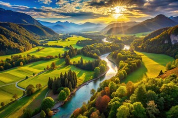 Cinematic Valley Aerial: Lush River, Serene Landscape, High-DOF Photography