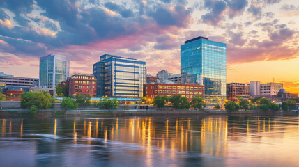 Panorama of Wilmington, Delaware at sunset, modern buildings and skyscrapers, the waterfront in the foreground