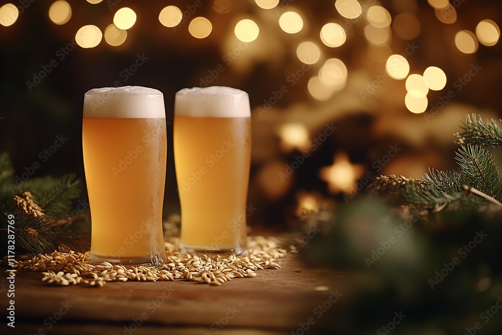 Aufkleber two glasses of beer with festive bokeh lights and pine branches on wooden surface.