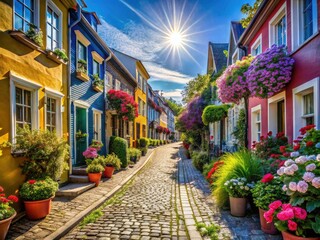 Fototapeta premium Colorful Street Houses, Vibrant Architecture, Row Houses, Painted Buildings, Charming Street Photography, Picturesque Town, Urban Landscape, Street Scene