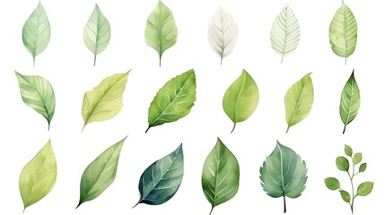 Watercolor painting featuring vibrant green leaves on white background