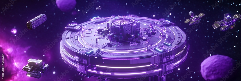 Leinwandbilder futuristic space station orbiting planets with multiple spacecraft.