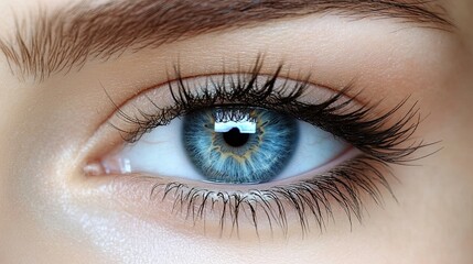 Obraz premium Close-up view of a striking blue eye with long eyelashes and natural makeup, showcasing intricate details and colors