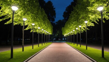 Obraz premium Illuminated Tree-lined Pathway at Night