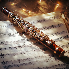 Classical Flute on Sheet Music, Warm Light Illustration