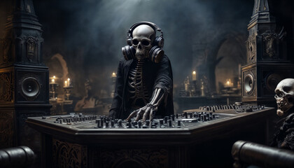 Skeleton DJ performing in a dark, mystical setting with candles and gothic decor