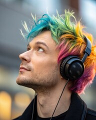 Fototapeta premium Colorful hair trend: young adult with vibrant headphones looks upward in urban setting