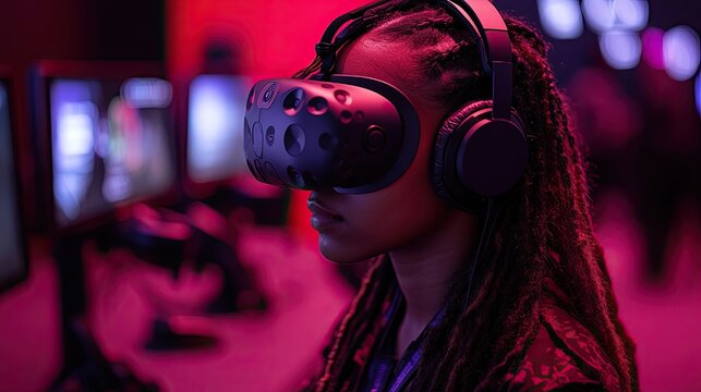Immersive virtual reality experience at a gaming event featuring a participant with VR headset
