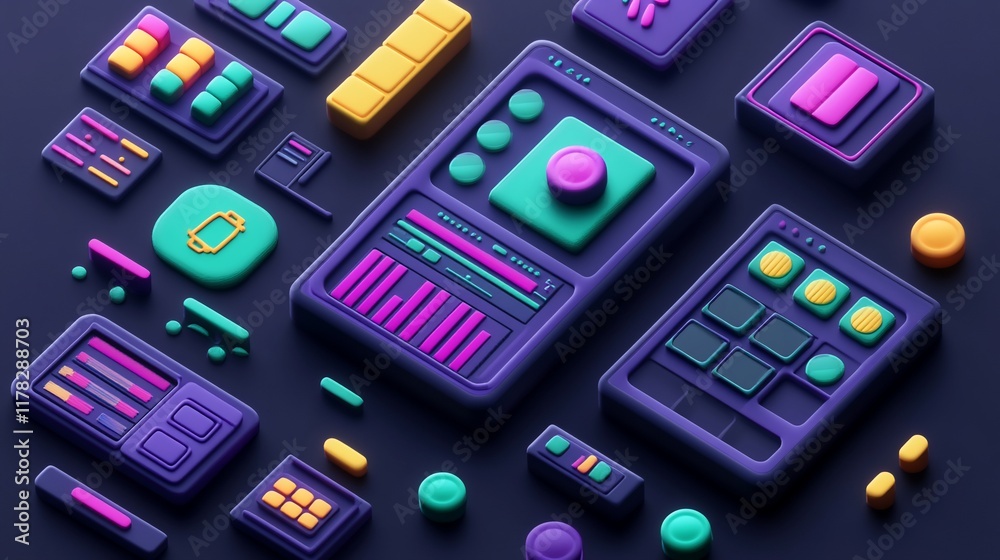 Poster Colorful 3D isometric UI elements and interfaces on dark background.