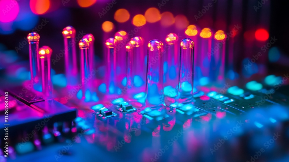 Aufkleber abstract close-up of illuminated circuit board components, showcasing vibrant neon colors and intric