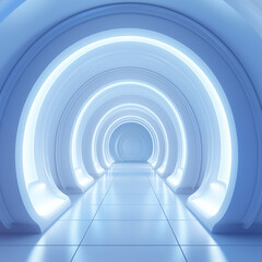 Naklejka premium Futuristic Blue Tunnel Abstract 3D Render Circular Archway Glowing Lights Modern Architecture SciFi Corridor