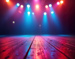 Empty stage glows under vibrant spotlights. Colorful stage lights create dynamic atmosphere. Bokeh...