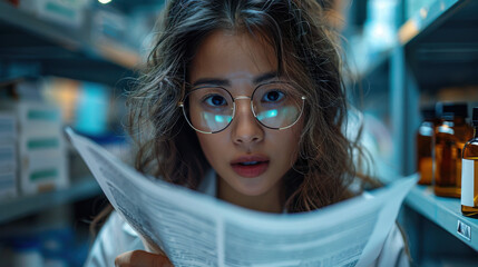  Scientist Reviewing Research Data in Lab with Reagents and Amber Bottles for Experiments