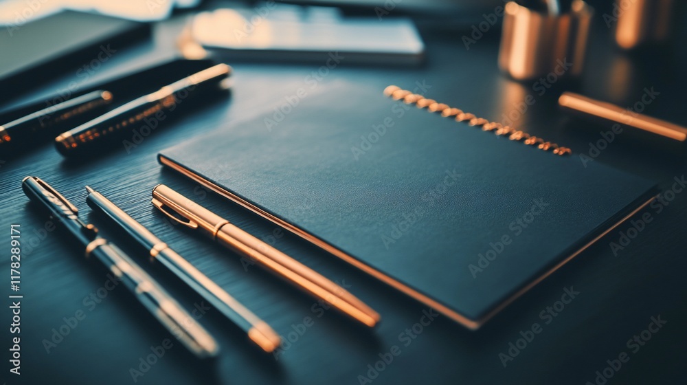Poster Blank spiral notebook with several pens on a dark desk.
