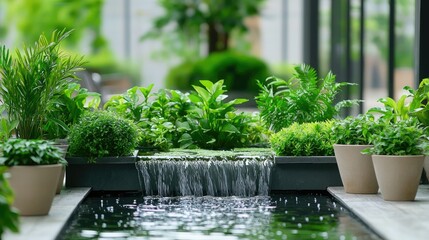 A serene garden scene featuring lush greenery and a small waterfall, creating a tranquil atmosphere.