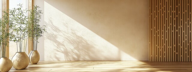 Minimalist interior, sunlit room, wooden floor, large windows, potted plant, bamboo curtain, warm tones, shadow play, zen atmosphere, empty space, natural light, modern design, clean lines, tranquil s