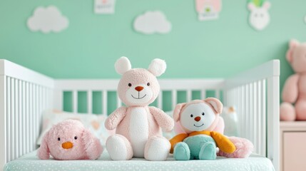 A cozy nursery featuring plush toys on a crib against a soft green wall, creating a warm and inviting atmosphere for a baby's room.