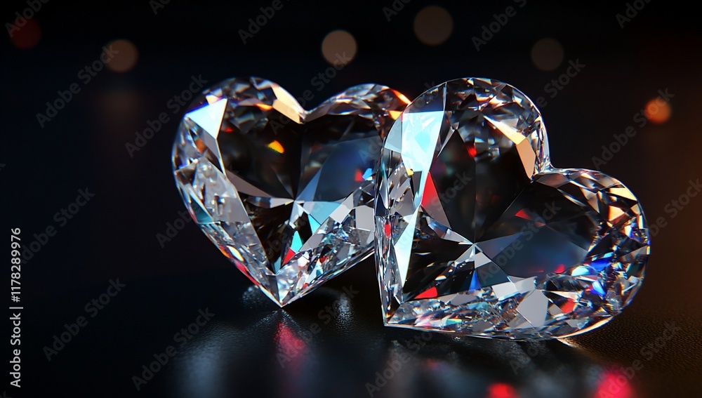 Poster Two sparkling heart-shaped diamonds on a dark reflective surface with bokeh lights.