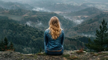 Woman overlooks misty valley from mountain cliff
