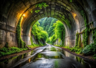 Naklejka premium Double Exposure: Concrete Tunnel & Nature's Embrace - Surreal Underground Landscape Photography