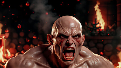 Intense figure expressing raw emotion in a fiery, dark environment