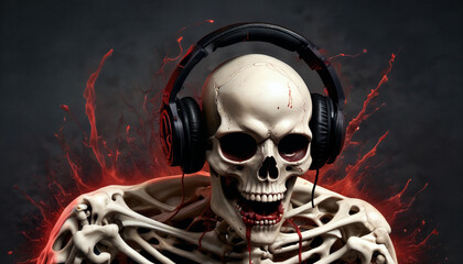 Skeleton enjoying music with headphones while surrounded by a dark and dramatic atmosphere