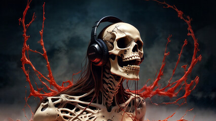 Skeleton with headphones and flowing blood-like background in a dark, artistic setting