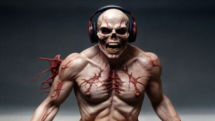 Skeleton figure with headphones stands in a dark environment showing intricate details and a fierce expression