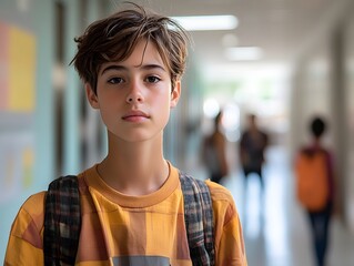 Fototapeta premium Youthful Boy in School Hallway: A Pensive Portrait
