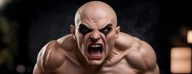 Powerful expression in dramatic costume makeup captured in a dimly lit indoor setting during an intense performance