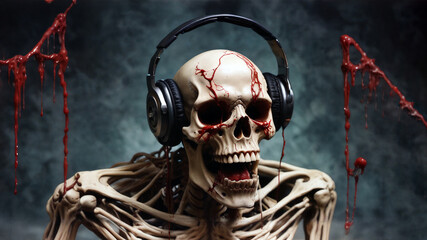 Skeleton with headphones surrounded by blood splatters creates an eerie atmosphere at a spooky music event