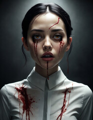 Dark and haunting portrait of a woman with blood streaks and eerie gaze in a dimly lit setting
