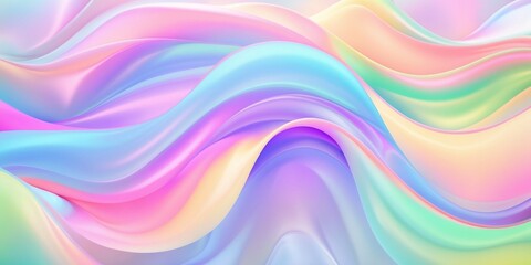 Obraz premium Abstract colorful background with soft, wavy patterns flowing horizontally. Vibrant pastel colors, including pink, blue, purple, green, and yellow, blend smoothly with a gradient effect.