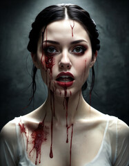 Woman with blood dripping down her face in a dark atmosphere during a horror-themed event