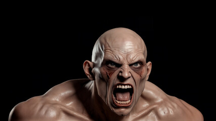 Intense expression of a muscular character with a fierce, open-mouthed shout on a black background