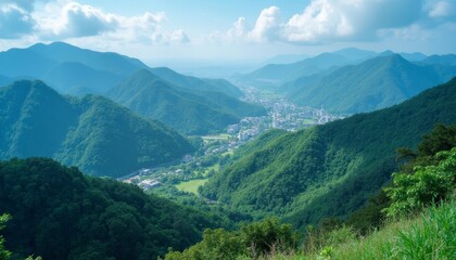 Fototapeta premium Mountainous landscape with a town in the valley under a cloudy sky