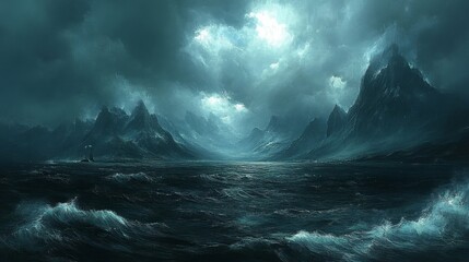 Fototapeta premium Dark and Stormy Seascape with Rugged Mountains
