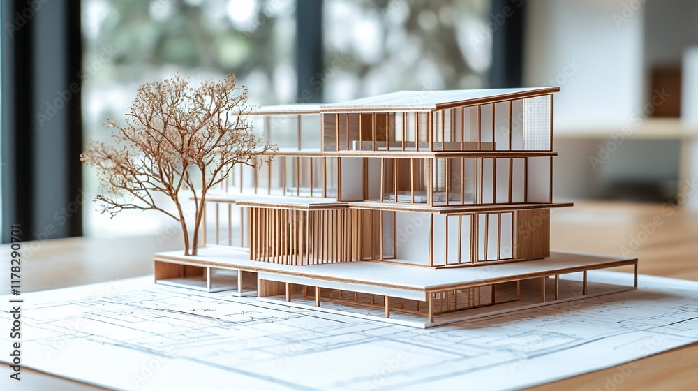 Poster architectural model of a modern building on blueprints, showcasing design details and landscaping.