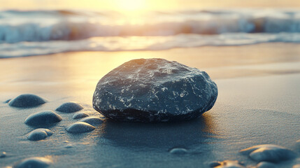 A solitary rock stands strong against the force of crashing waves illuminated by golden backlight symbolizing resilience and beauty amidst chaos with glowing textures and a tranquil atmosphere

