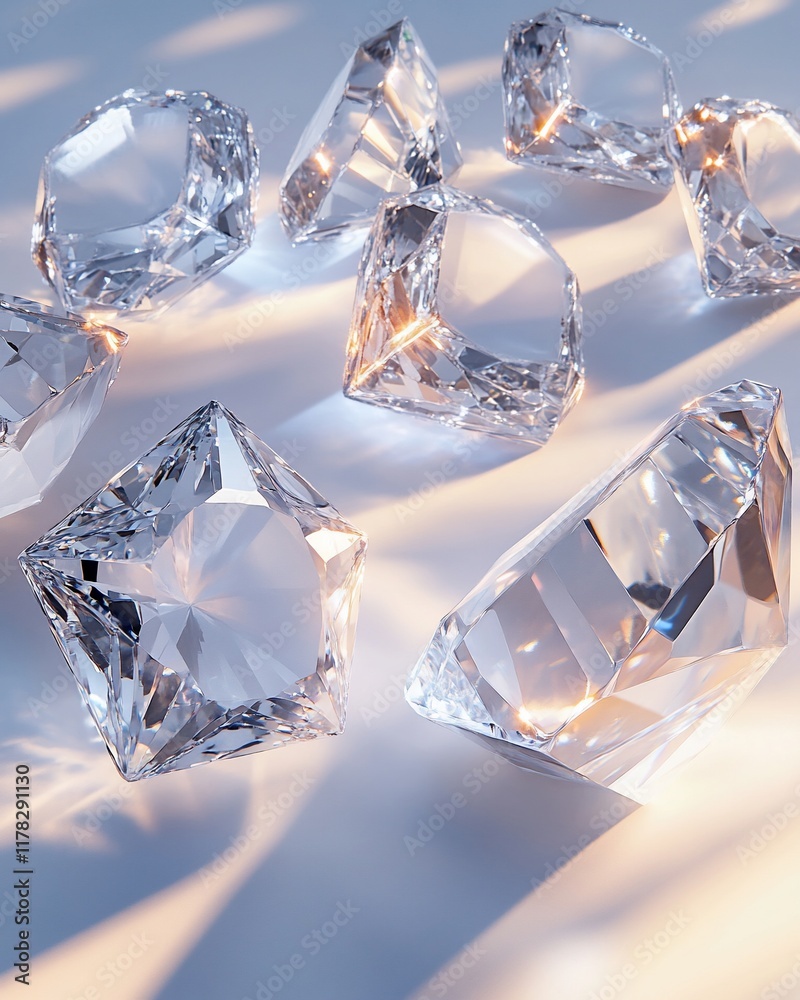 Poster sparkling diamonds scattered on a light grey surface, illuminated by soft light.