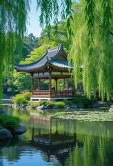 Naklejka premium Pavilion by water with willow trees and lily pads